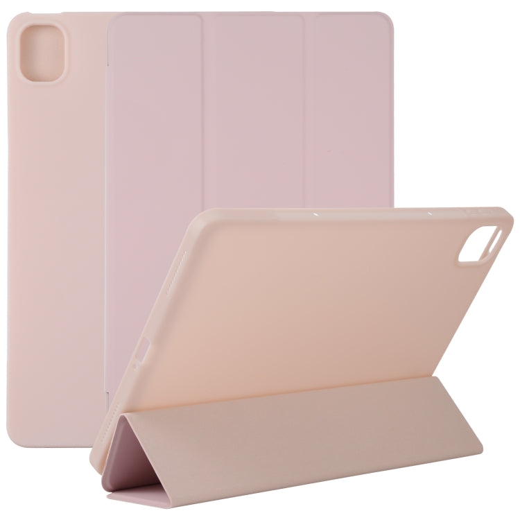 Light pink three-fold tablet case with stand and front cover folded upright