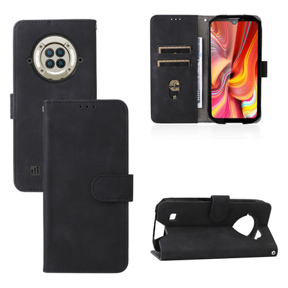 Black PU folio phone case with magnetic buckle, card slots, and camera cutout window