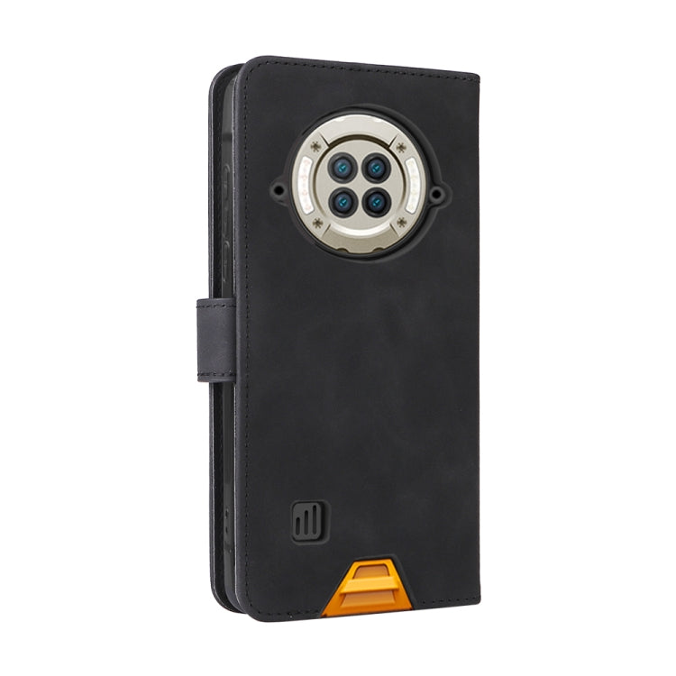 Black PU folio phone case with camera cutout, side strap, and kickstand angle