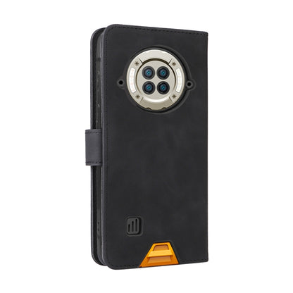 Black PU folio phone case with camera cutout, side strap, and kickstand angle
