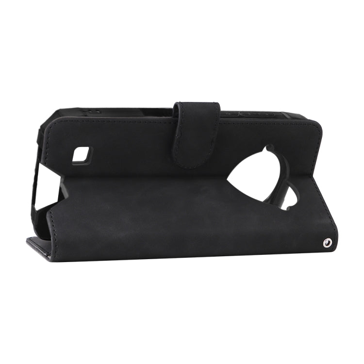 Black PU folio phone case with magnetic buckle, stand support, and side access cutouts