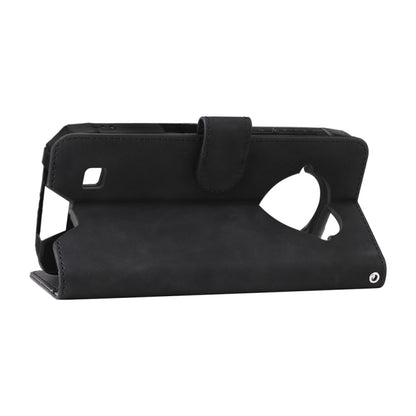 Black PU folio phone case with magnetic buckle, stand support, and side access cutouts
