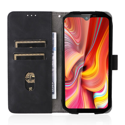 Black PU folio phone case with magnetic buckle, card slots, and phone screen cover