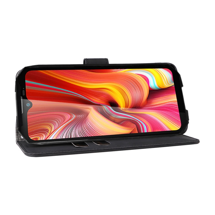 Black PU folio phone case with stand for landscape viewing and magnetic strap