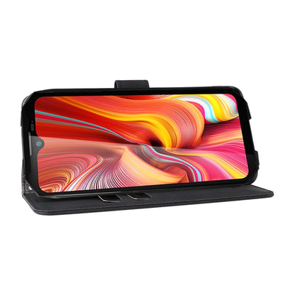 Black PU folio phone case with stand for landscape viewing and magnetic strap
