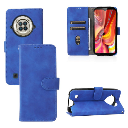 Blue PU folio phone case with magnetic buckle, card slots, and camera cutout