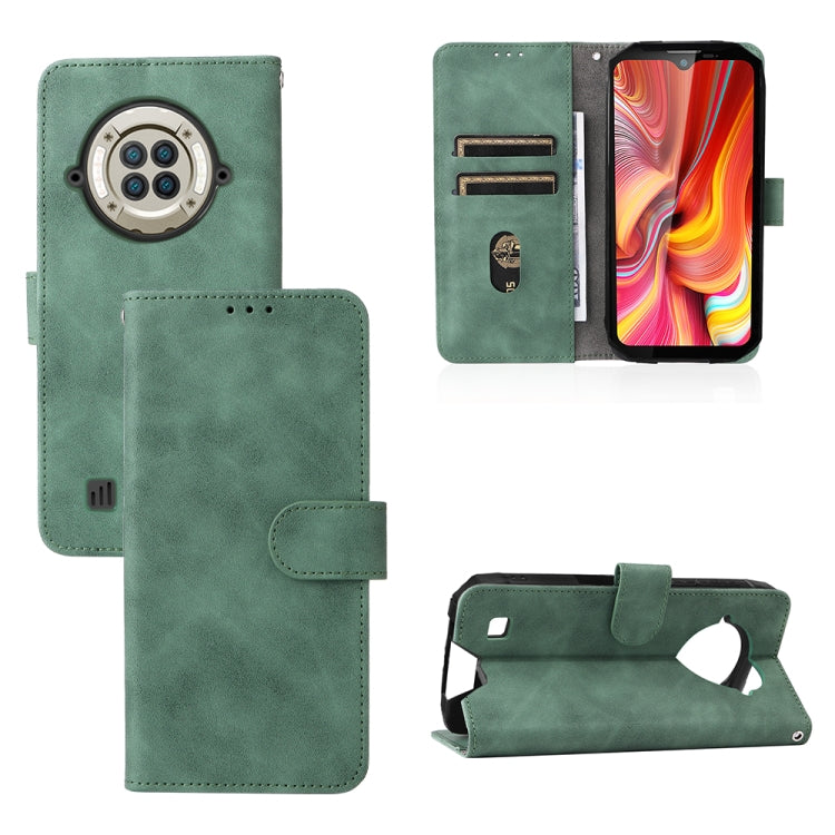 Green PU folio phone case with magnetic buckle, card slots, and camera cutout