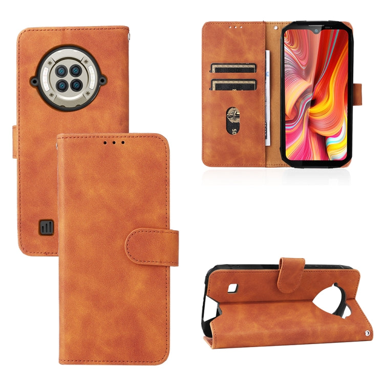Brown PU wallet phone case with magnetic buckle, card slots, and stand feature.