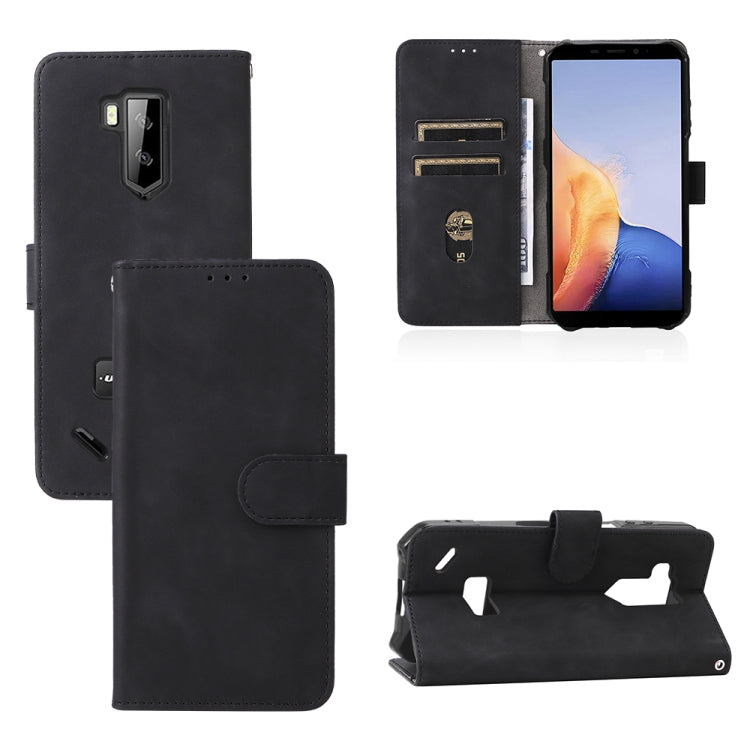 Black PU wallet phone case with magnetic buckle, card slots, and kickstand.