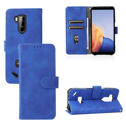 Blue PU wallet phone case with magnetic buckle, card slots, and kickstand.