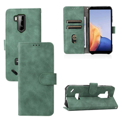 Green PU wallet phone case with magnetic buckle, card slots, and kickstand.