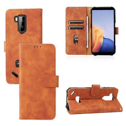 Brown PU wallet phone case with magnetic buckle and camera cutout with card slots.