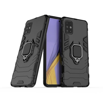 Rugged shockproof phone case with magnetic ring holder, black, front and back view