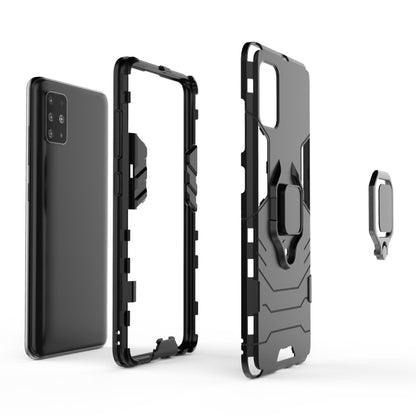 Rugged shockproof phone case with magnetic ring holder, black, side profile and kickstand