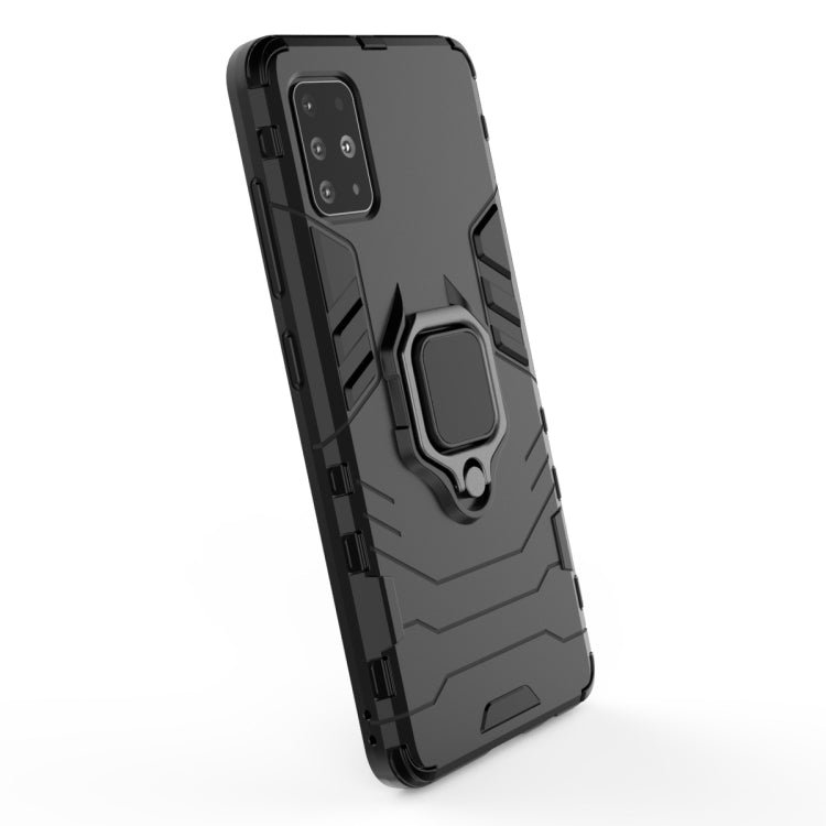 Rugged shockproof phone case with magnetic ring holder, black, back view with camera cutouts