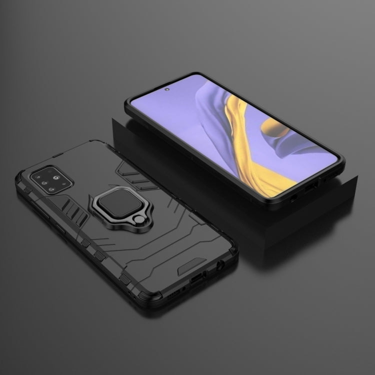 Rugged shockproof phone case with magnetic ring holder, black, front and back shown together