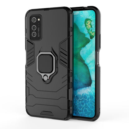 Rugged shockproof phone case with magnetic ring holder, black, with teal screen display