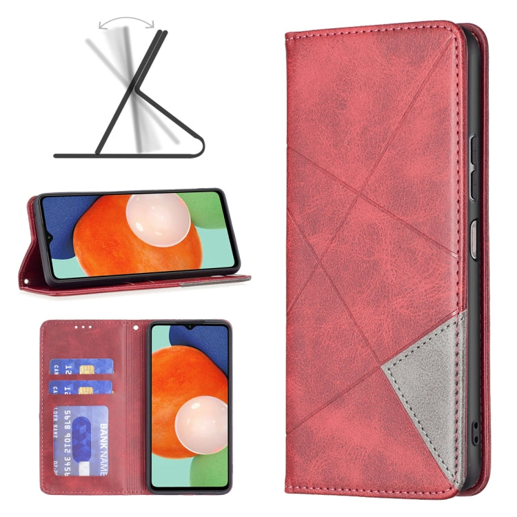 Red leather phone case with magnetic closure, fold stand, and card slots.