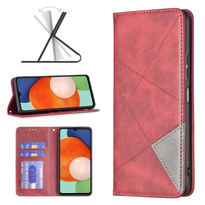 Red leather phone case with magnetic closure, fold stand, and card slots.