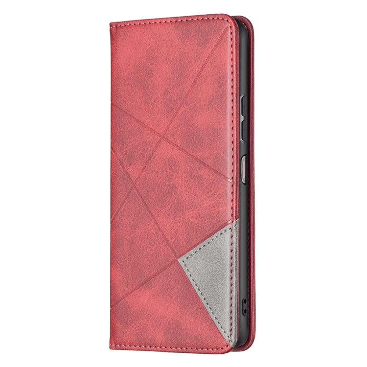 Red leather folio phone case with geometric texture, stitched edges, side cutouts.