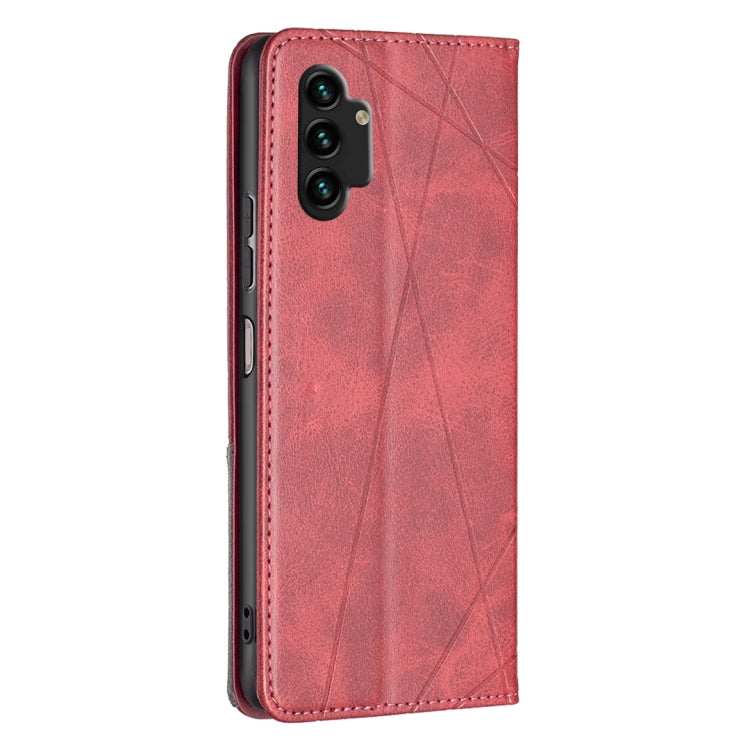 Red leather phone case with camera cutout, geometric textured back, stitched borders.