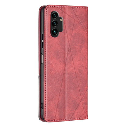 Red leather phone case with camera cutout, geometric textured back, stitched borders.
