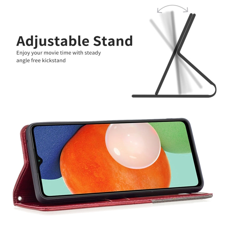 Red leather folio phone case with adjustable stand and window for phone screen.