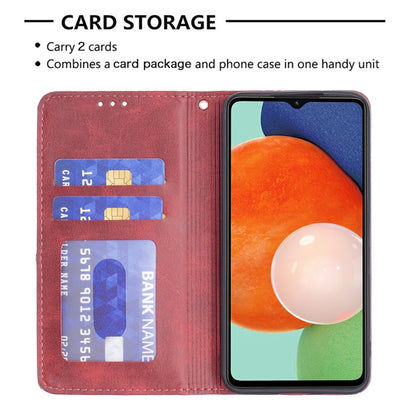 Red leather wallet phone case with card storage and phone-side cutout.