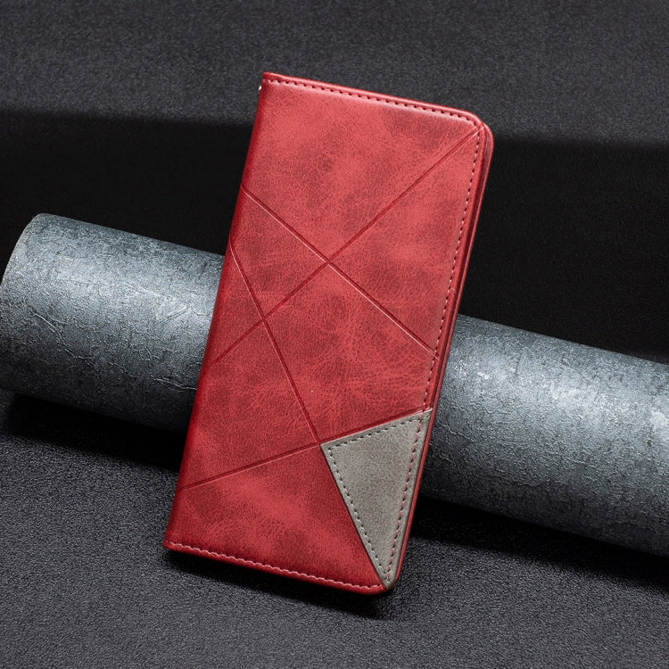 Red leather folio phone case with geometric pattern and gray inner card pocket.