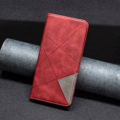 Red leather folio phone case with geometric pattern and gray inner card pocket.