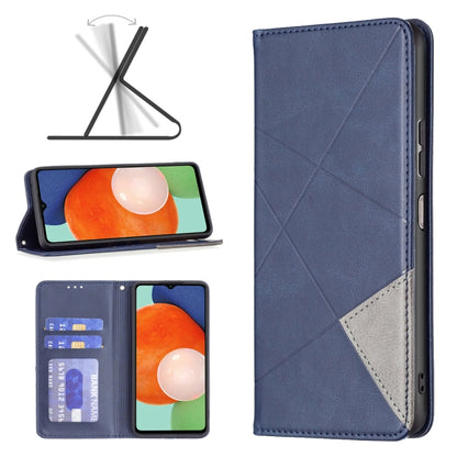 Blue magnetic leather phone case with diagonal stitching, card slot, and flip cover
