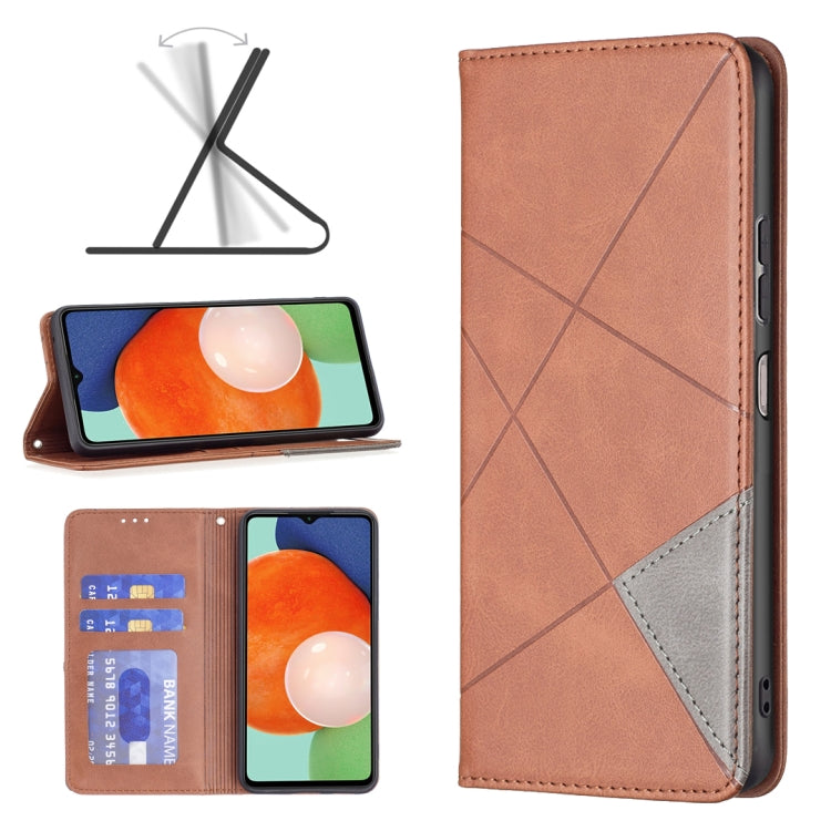 Brown magnetic leather phone case with diagonal stitching, card slot, and flip cover