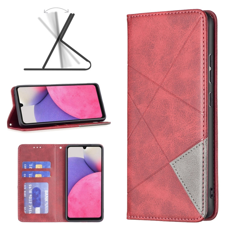 Red leather folio phone case with magnetic closure, kickstand, and card slots.