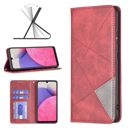 Red leather folio phone case with magnetic closure, kickstand, and card slots.