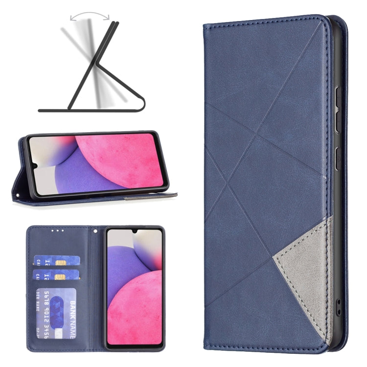 Blue magnetic leather phone case with diagonal stitching, card slot, and flip cover
