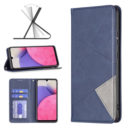 Blue magnetic leather phone case with diagonal stitching, card slot, and flip cover