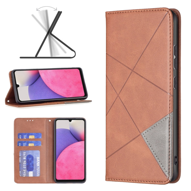 Brown magnetic leather phone case with diagonal stitching, card slot, and flip cover