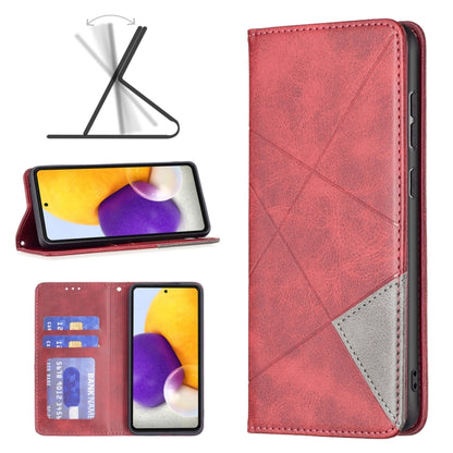 Red leather phone case with kickstand and card holder, geometric textured cover.