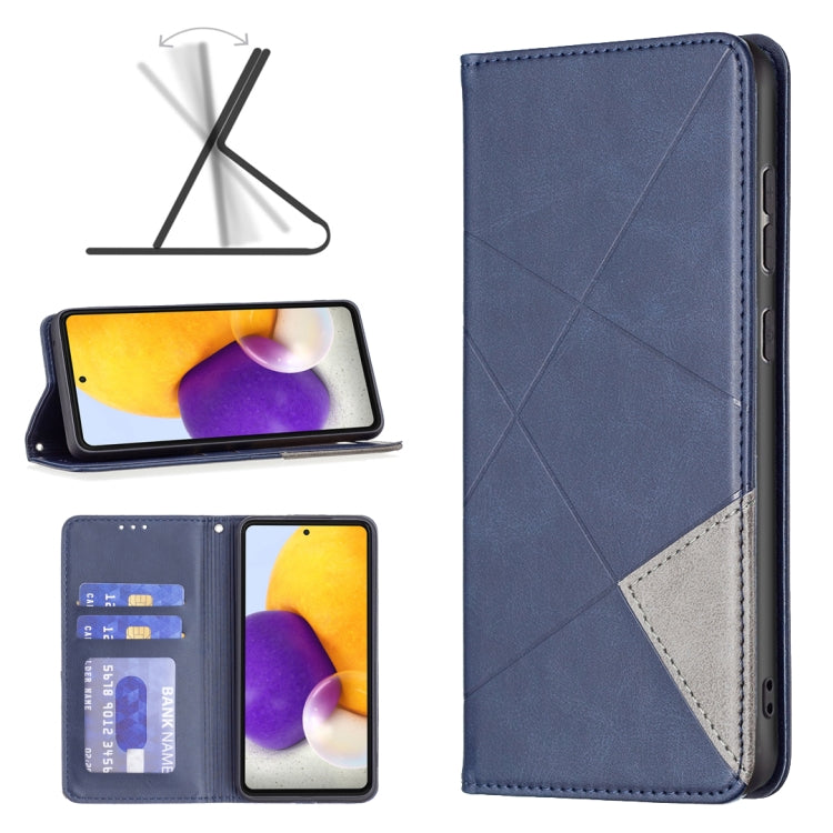 Blue magnetic leather phone case with diagonal stitching, card slot, and flip cover
