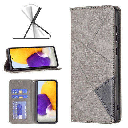 Grey leather folio phone case with textured finish, diagonal design, and card slots