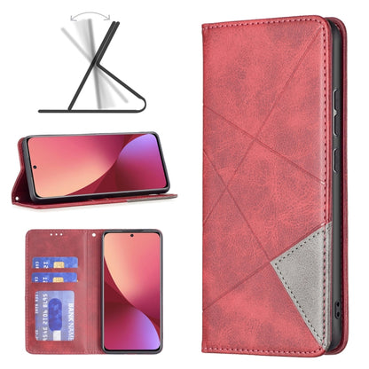 Red leather wallet phone case with fold-out stand, card slots, and front phone view.