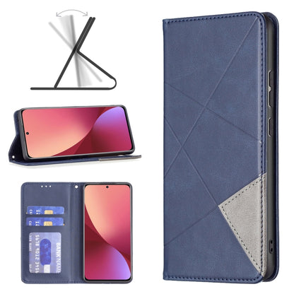 Blue magnetic leather phone case with diagonal stitching, card slot, and flip cover