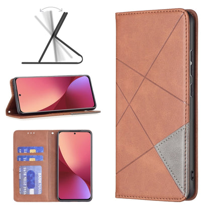Brown leather folio phone case with diagonal stitching, stand-up flap, and card slot
