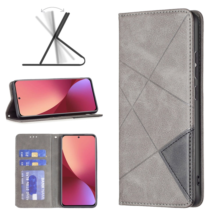 Grey leather folio phone case with diagonal pattern, card pocket, and side cutouts