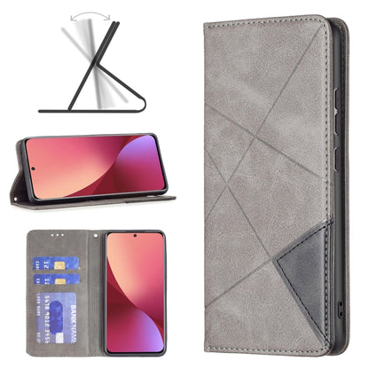 Grey leather folio phone case with diagonal pattern, card pocket, and side cutouts