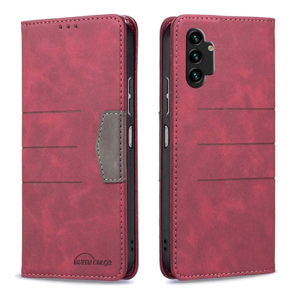 Red magnetic leather phone case with card pocket cutout and camera opening