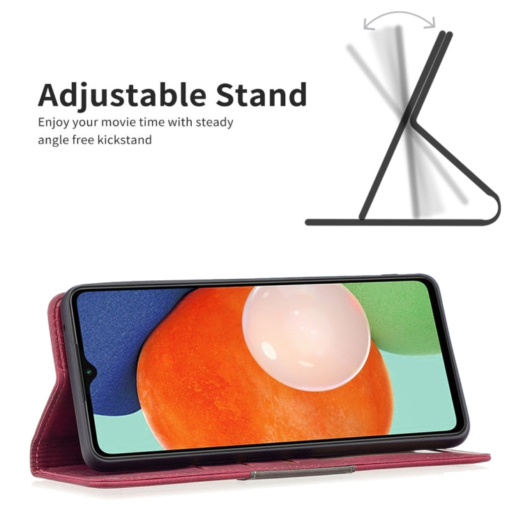 Red magnetic wallet-style leather phone case with fold-out stand for viewing