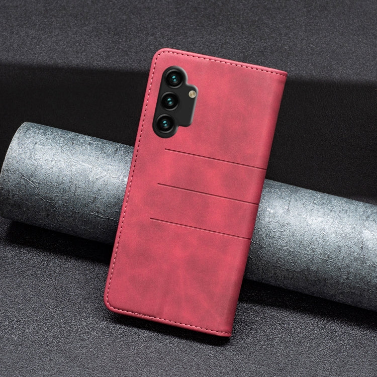Red magnetic leather phone case with camera cutout and smooth front flap