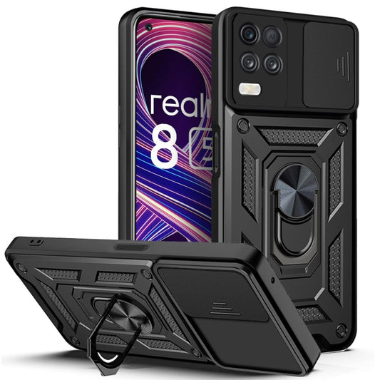 Black rugged sliding camera phone case with textured grip and built-in metal ring kickstand