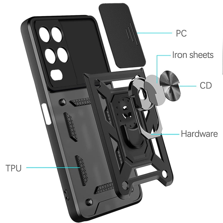 Black rugged phone case with sliding camera cover, textured paneling, and metal ring kickstand